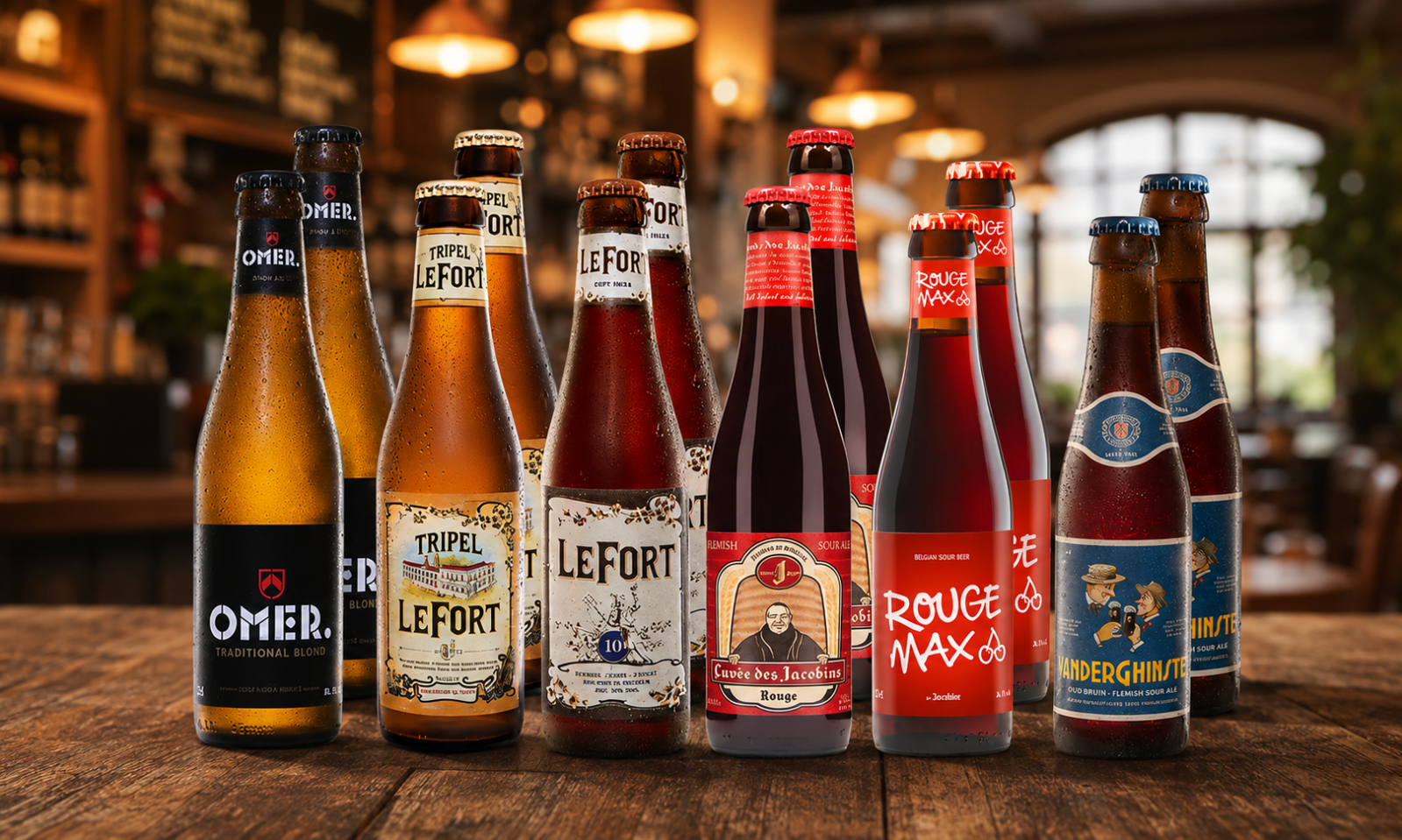 Assortiment Belgische bierflessen van OMER Vander Ghinste op een houten tafel in een warme bar.
