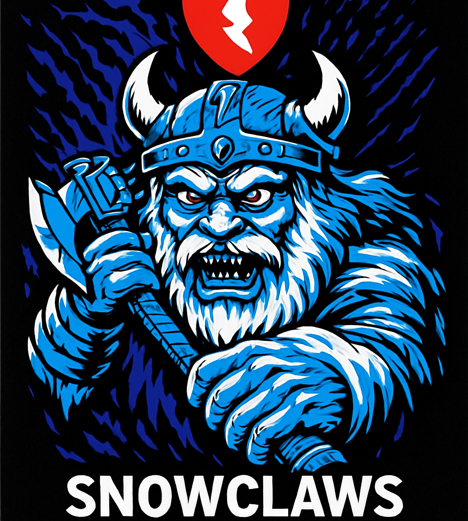 Blauwe viking-yeti met bijl en helm voor donkere klauwsporen, met tekst Snowclaws.