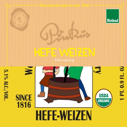 Etiket van Pinkus Hefe Weizen met geel vlak, Bioland-logo en illustratie van een biervat.
