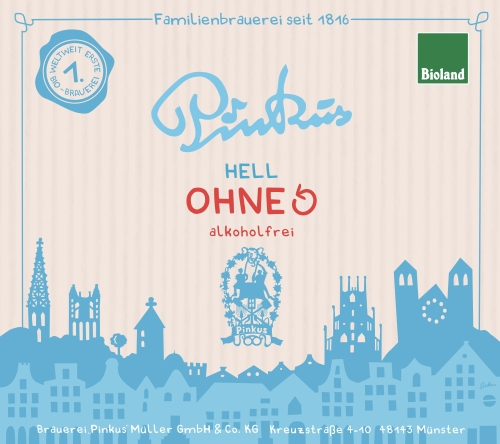 Etiket van Pinkus Hell Ohne alkoholfrei met blauwe skyline, rood logo en Bioland-keurmerk.