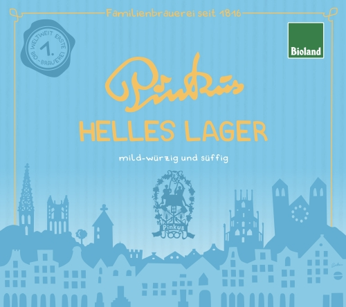Lichtblauw etiket van Pinkus Helles Lager met gouden tekst, stadssilhouet en Bioland-logo.