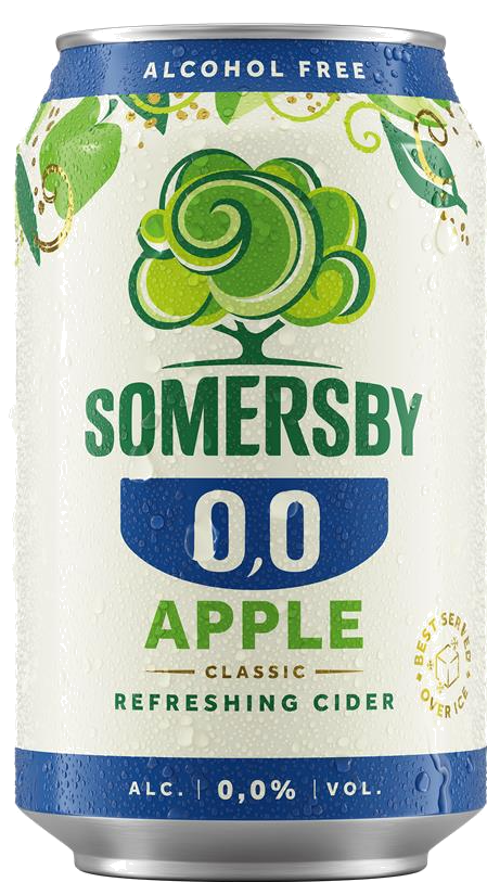 Blik Somersby Apple cider 0,0% alcoholvrij met groene appelillustraties en blauw-wit etiket.