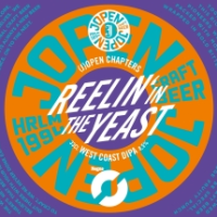 Kleurrijk Jopen Reelin' in the Yeast bierlabel met oranje cirkel, turquoise tekst en paarse achtergrond.