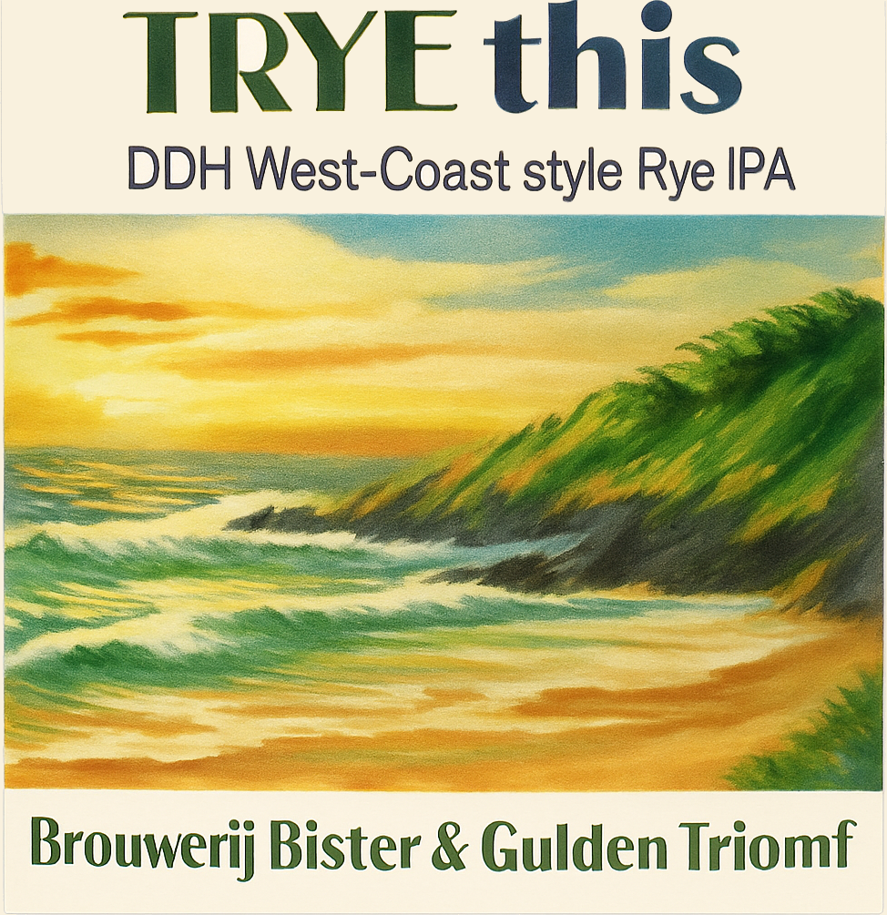 Bieretiket TRYE this met zeegezicht, kliffen bij zonsondergang en tekst voor Rye IPA.