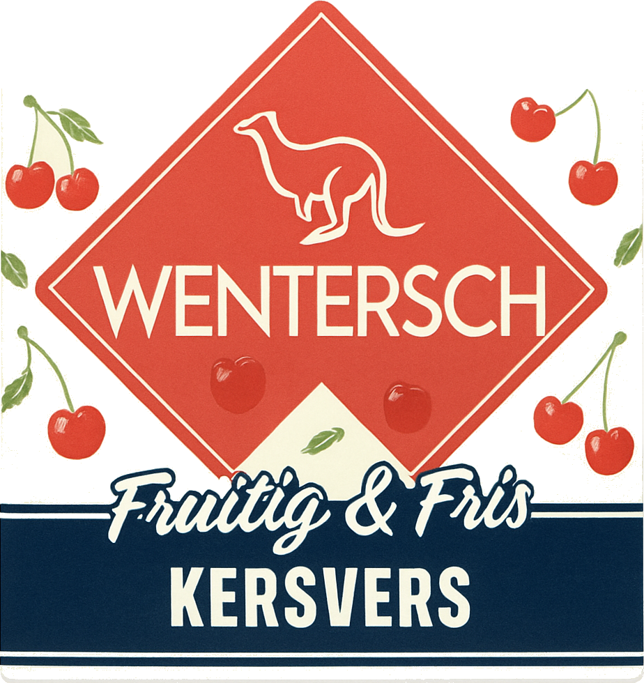 Etiket van Wentersch kersvers met rode ruit, kangoeroe, kersen en de tekst Fruitig & Fris.