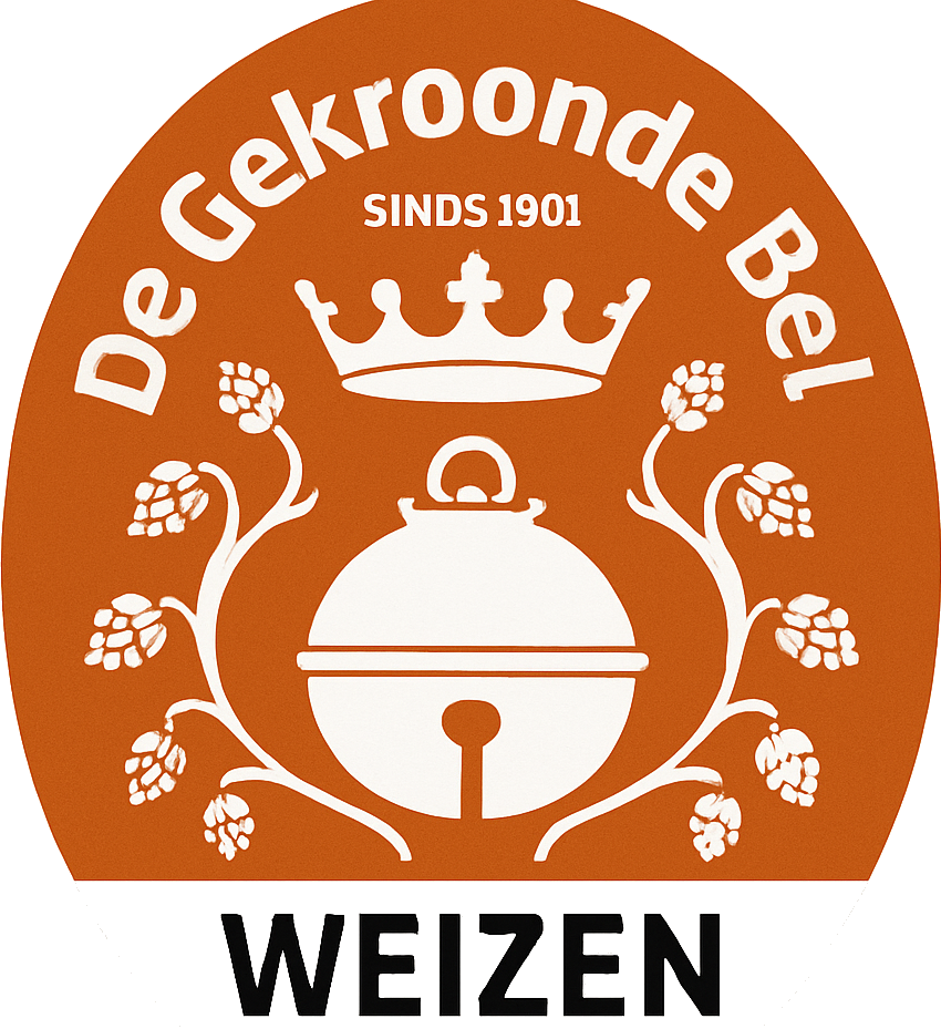 Oranje logo van De Gekroonde Bel Weizen met witte kroon, bel, hopranken en tekst Sinds 1901.