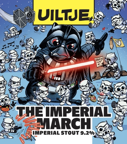 Cartoon bierlabel van Uiltje met Darth Vader-achtige hond, stormtroopers en rode lightsaber.