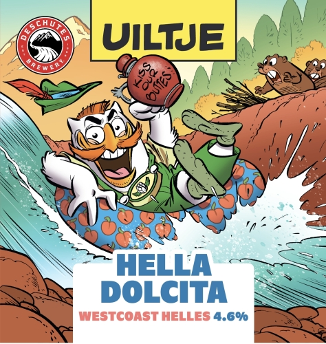 Cartoonuil surft op wild water met Uiltje Hella Dolcita bierlabel en Deschutes-logo.