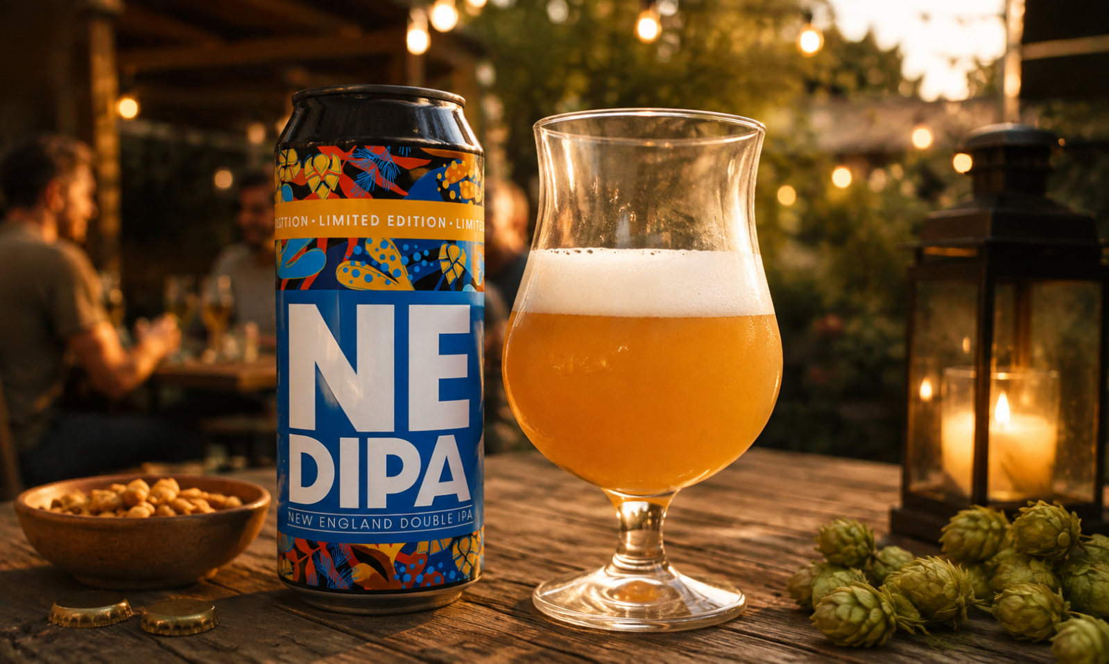 Blik Schultenbräu NEDIPA naast glas hazy bier op houten terrastafel met lantaarn en hop.