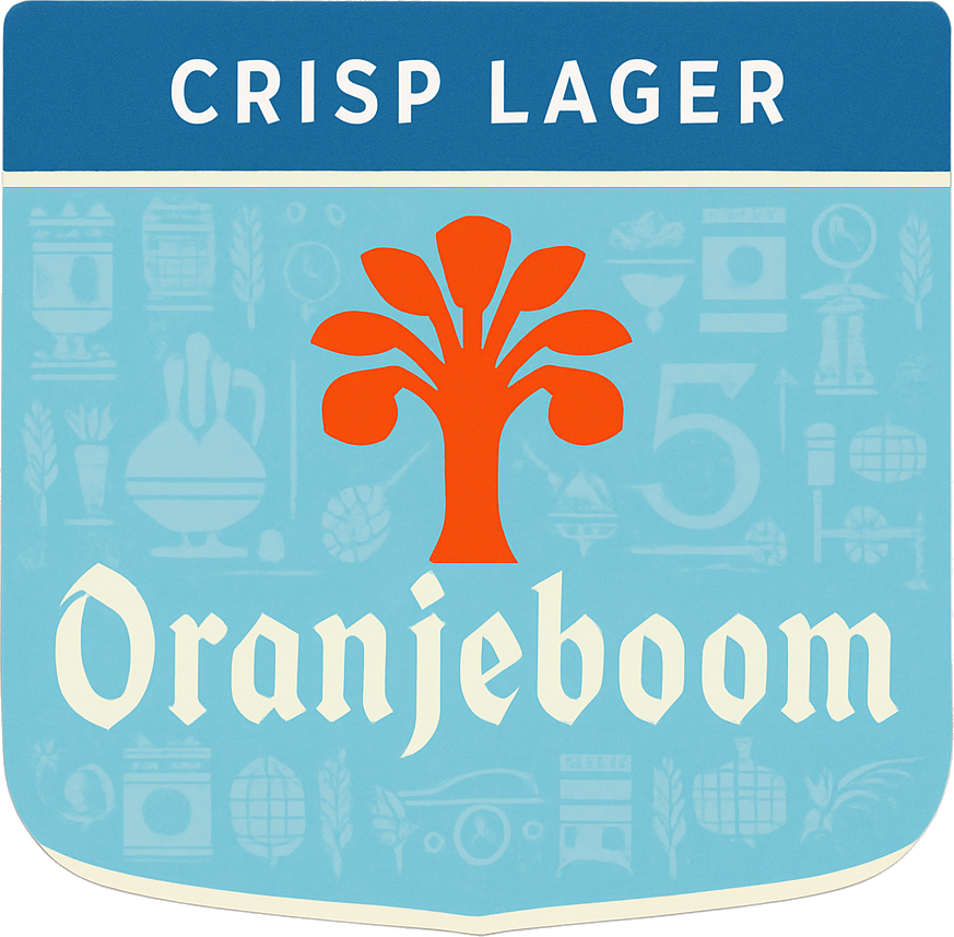 Etiket van Oranjeboom Crisp Lager met blauw vlak, oranje boomlogo en witte merknaam.