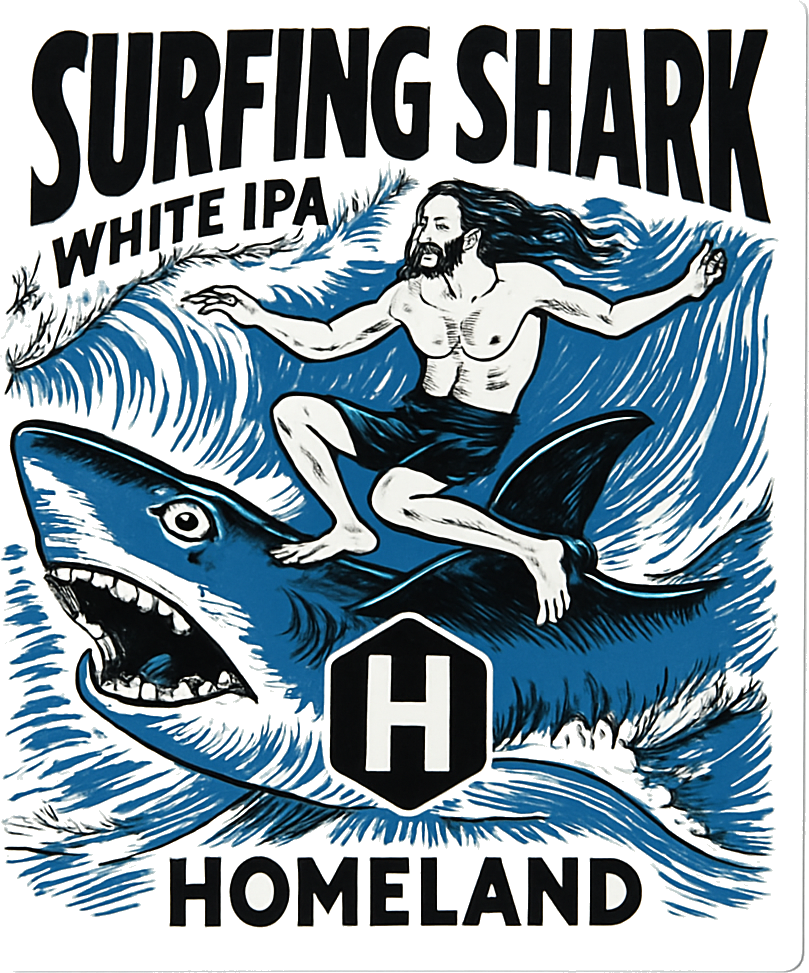 Illustratie van een man die op een blauwe haai surft tussen golven, met tekst Surfing Shark White IPA.