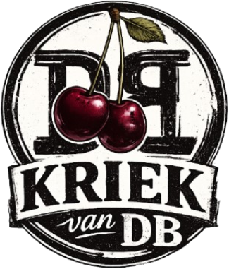 Vintage DB Kriek-logo met rode kersen en zwart-witte typografie op een donkere achtergrond.