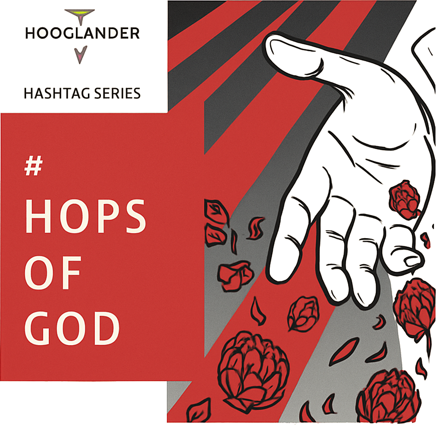Hooglander Hops of God label met witte hand en rode hopbloemen op rood-grijze grafische achtergrond.