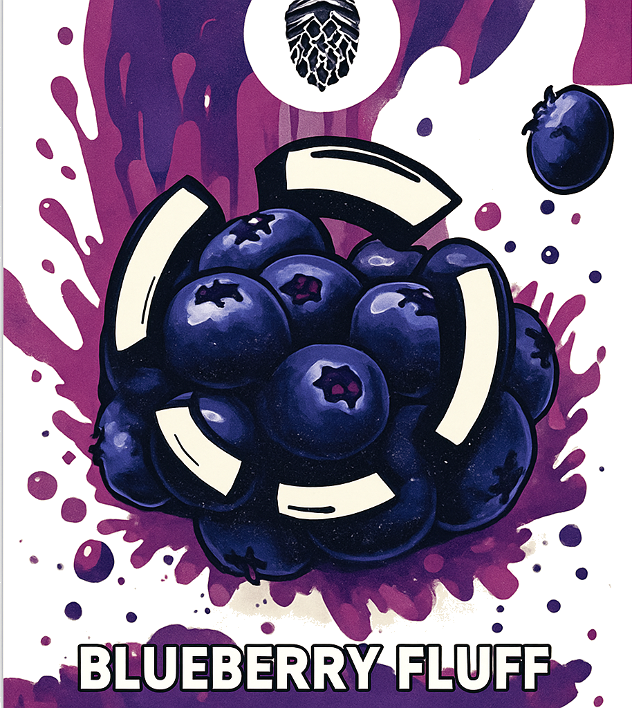 Illustratie van blauwe bessen met paarse spatten en de tekst Blueberry Fluff op een wit etiket.