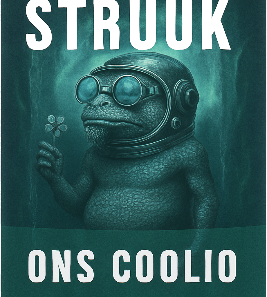 Illustratie van Struuk Ons Coolio met een kikkerachtig figuur met helm, bril en bloem in teal tinten.