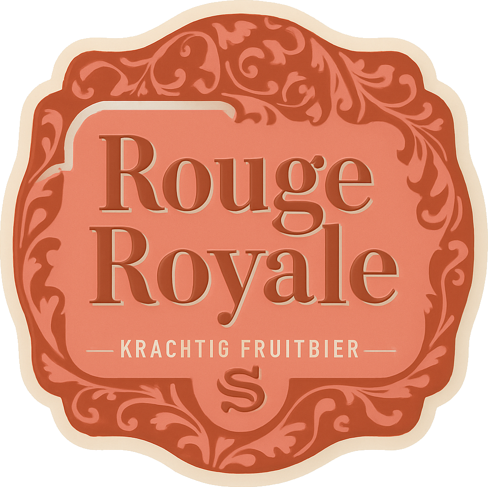 Sierlijk rood etiket met de tekst Rouge Royale en krachtig fruitbier.