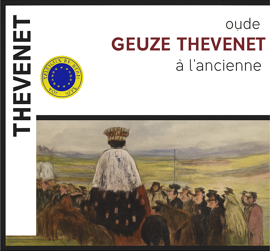 Etiket van Geuze Thevenet à l'ancienne met kwaliteitszegel en schilderachtige menigte in landschap.