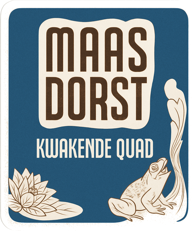 Retro etiket met tekst Maasdorst Kwakende Quad, een kikker, waterlelie en blauwe achtergrond.