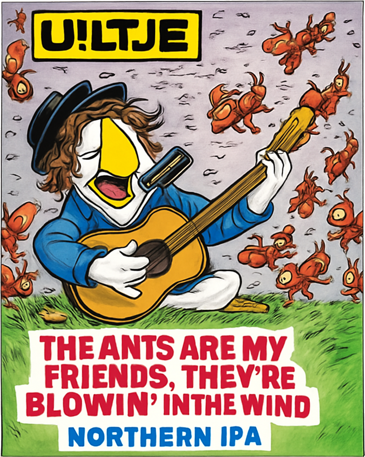 Etiket van Uiltje The Ants are my Friends they're Blowin' in the Wind