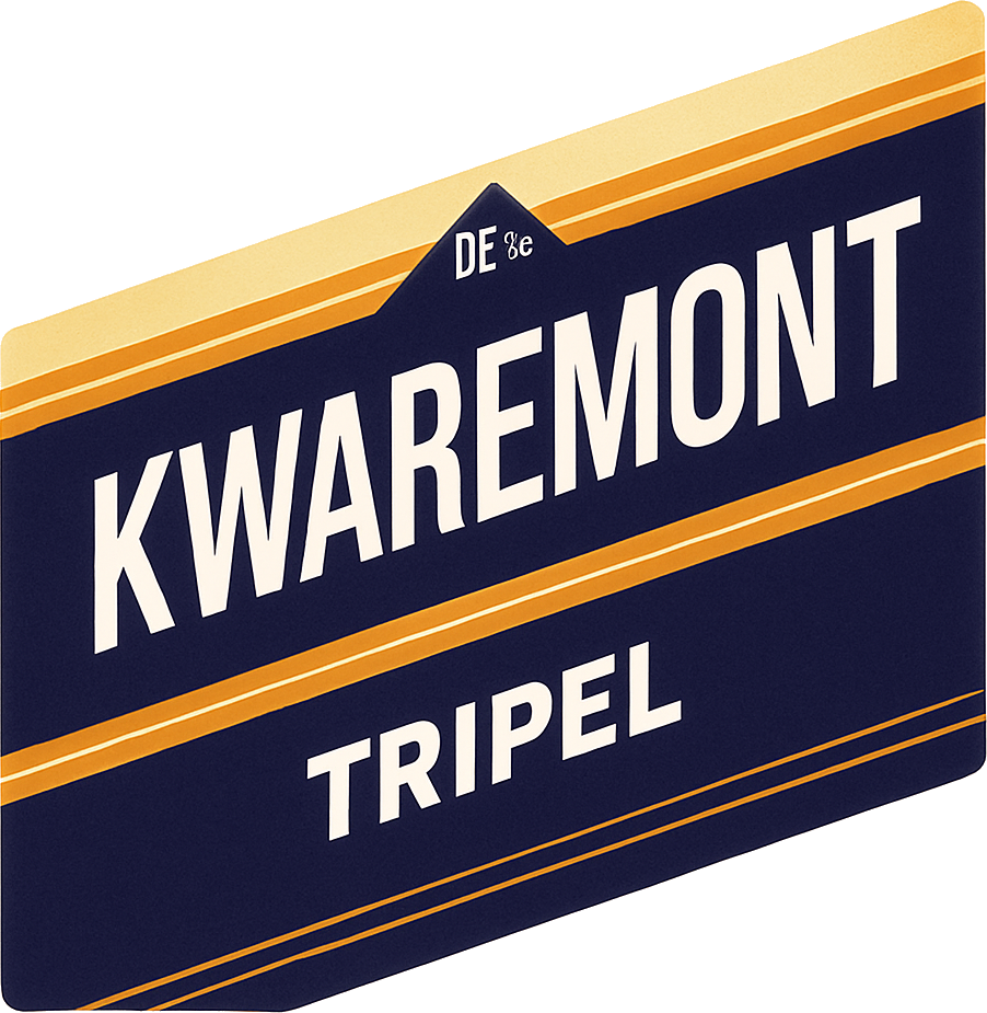 Schuin weergegeven Kwaremont Tripel-logo op donkerblauw bord met oranje strepen en witte letters.