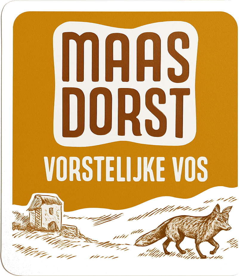 Oranje Maasdorst-label met tekst Vorstelijke Vos, landschap, huisje en getekende vos.