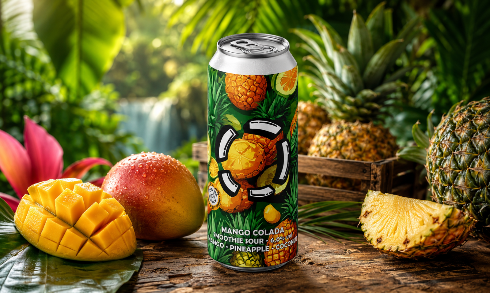 Blik LOST Mango Colada tussen mango en ananas in een tropische jungleomgeving.