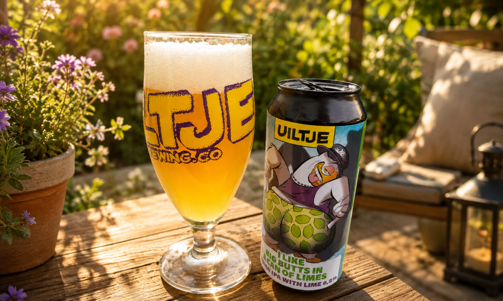 Glas goudgeel Uiltje-bier met schuim naast blik I Like Big Butts in a Can of Limes op tuintafel.
