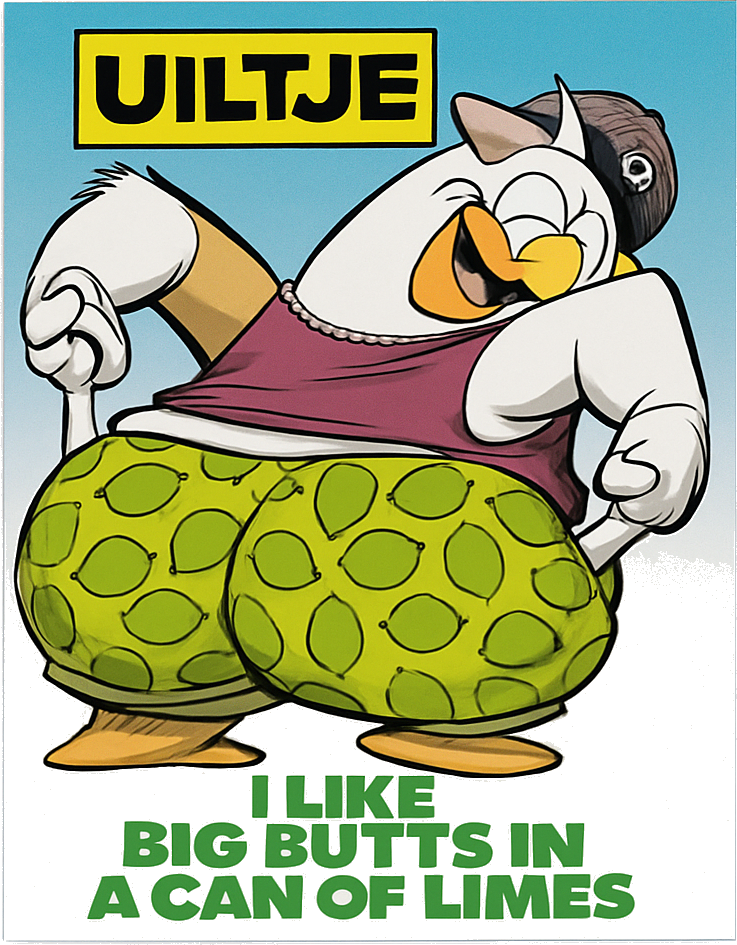 Cartoonuil met limoenenbroek en Uiltje-logo op bieretiket.