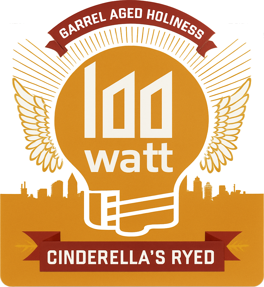 Oranje 100 Watt-logo met gloeilamp, vleugels en linten met de tekst Cinderella’s Ryed.