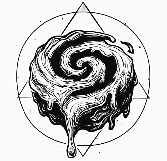 Zwart-witte illustratie van een geglazuurde kaneelrol met druipende icing en geometrische lijnen.
