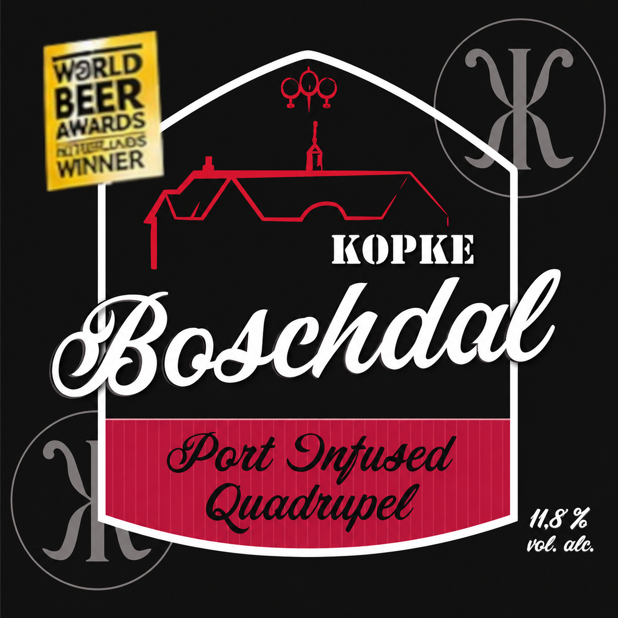 Etiket van Kopke Boschdal Port Infused Quadrupel met rood vlak, awardbadge en 11,8% alcohol.