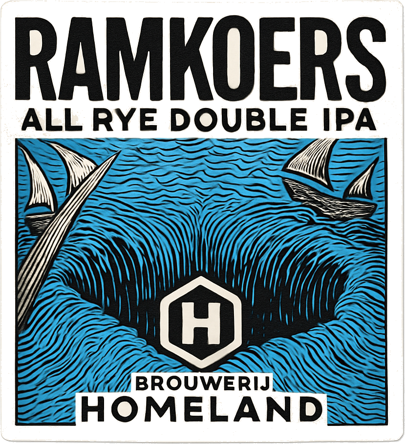 Bierlabel Ramkoers All Rye Double IPA met blauwe draaikolk, zeilboten en Brouwerij Homeland-logo.