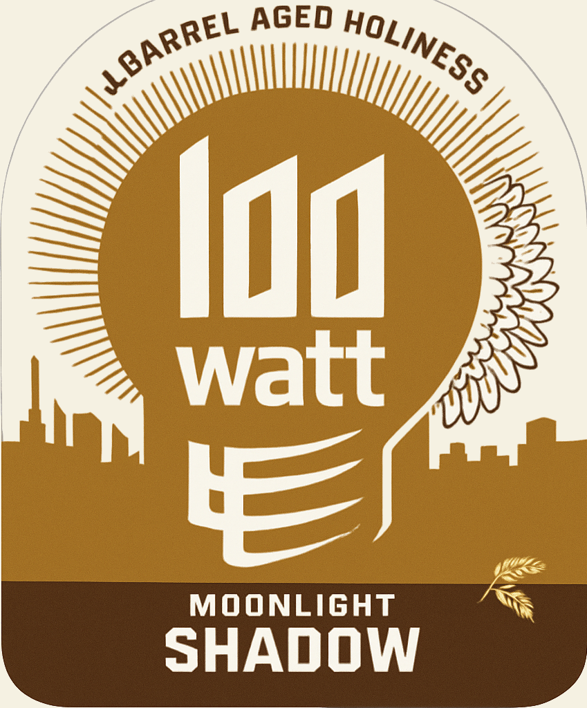 Goudbruin bieretiket van 100 Watt Moonlight Shadow met logo, skyline en tekst barrel aged holiness.
