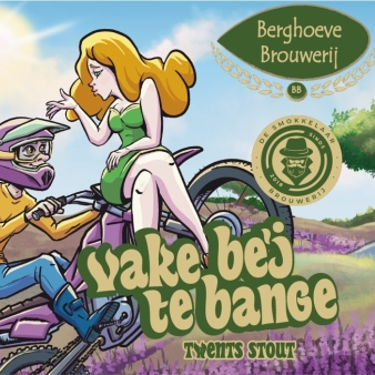 Illustratie van vrouw en motorcrosser op paarse crossmotor op bieretiket Vake be'j te bange.