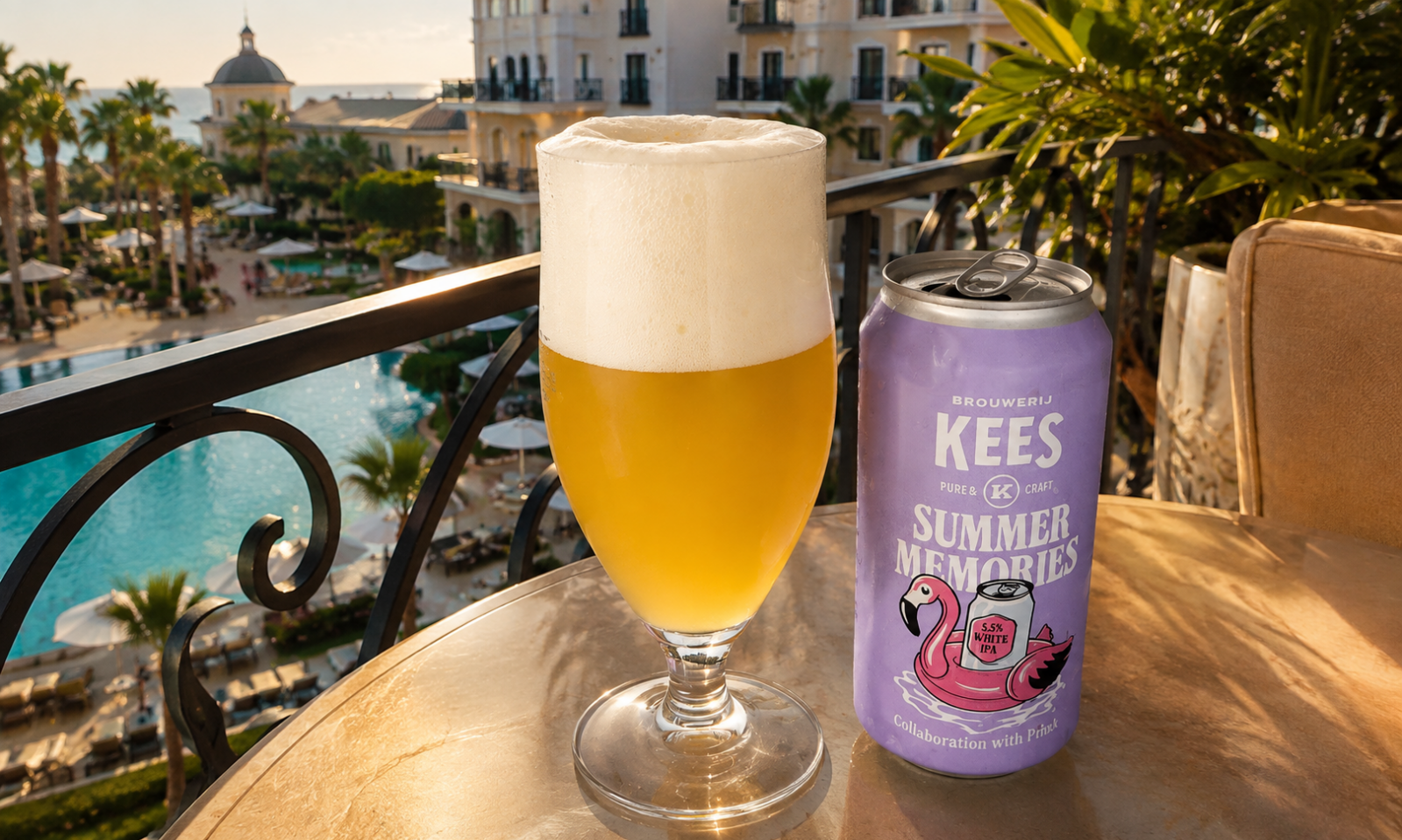 Glas geel bier met schuim naast blik Kees Summer Memories op balkon bij zonnig resortzwembad.