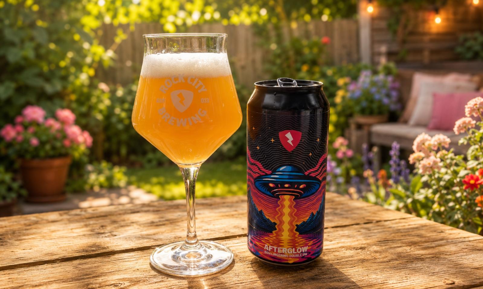 Glas troebel oranje bier en blik Rock City Afterglow op houten tuintafel in zonnige tuin.