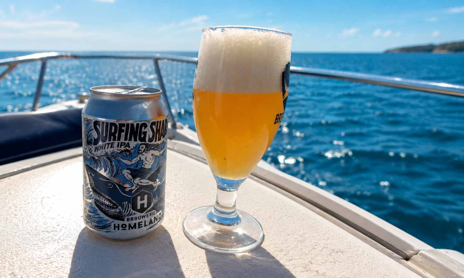 Blik Homeland Surfing Shark White IPA en vol bierglas op een boot met blauwe zee op de achtergrond.