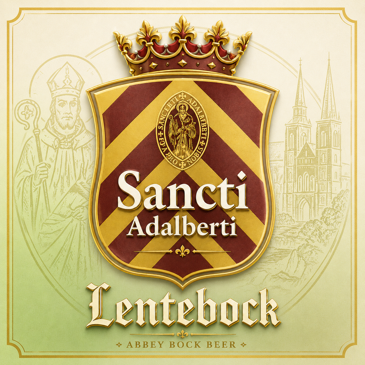 Etiket van Sancti Adalberti Lentebock met gekroond wapenschild, heilige en abdij op de achtergrond.