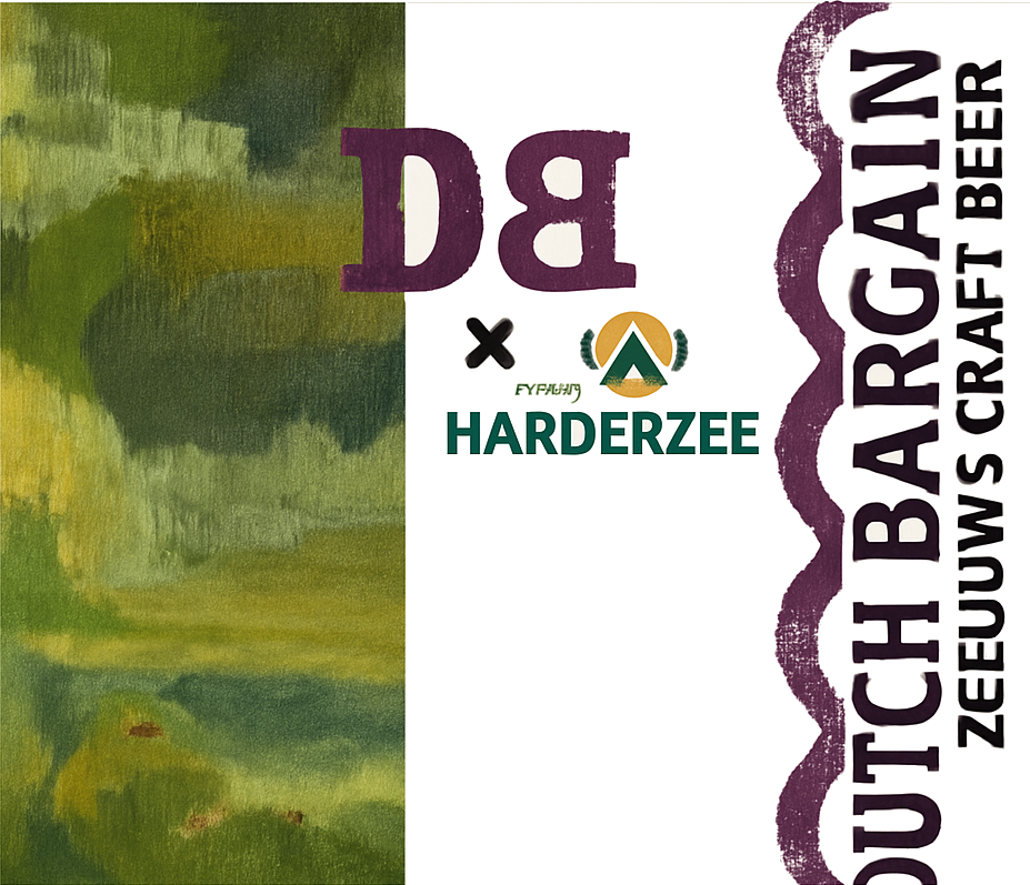 Etiket met groene abstracte vlakken, DB x Harderzee-logo en verticale Dutch Bargain-tekst.