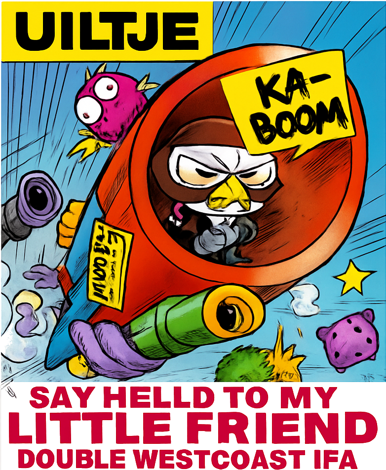 Comicachtig Uiltje-bieretiket met boze uil in rode raket, ka-boom-tekst en rode productnaam onderaan.