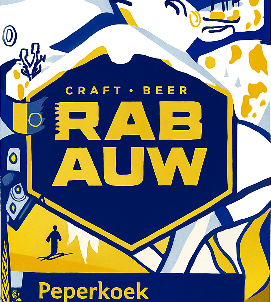 Blauw-geel bieretiket van Rabauw Peperkloek met groot logo en abstracte illustraties.