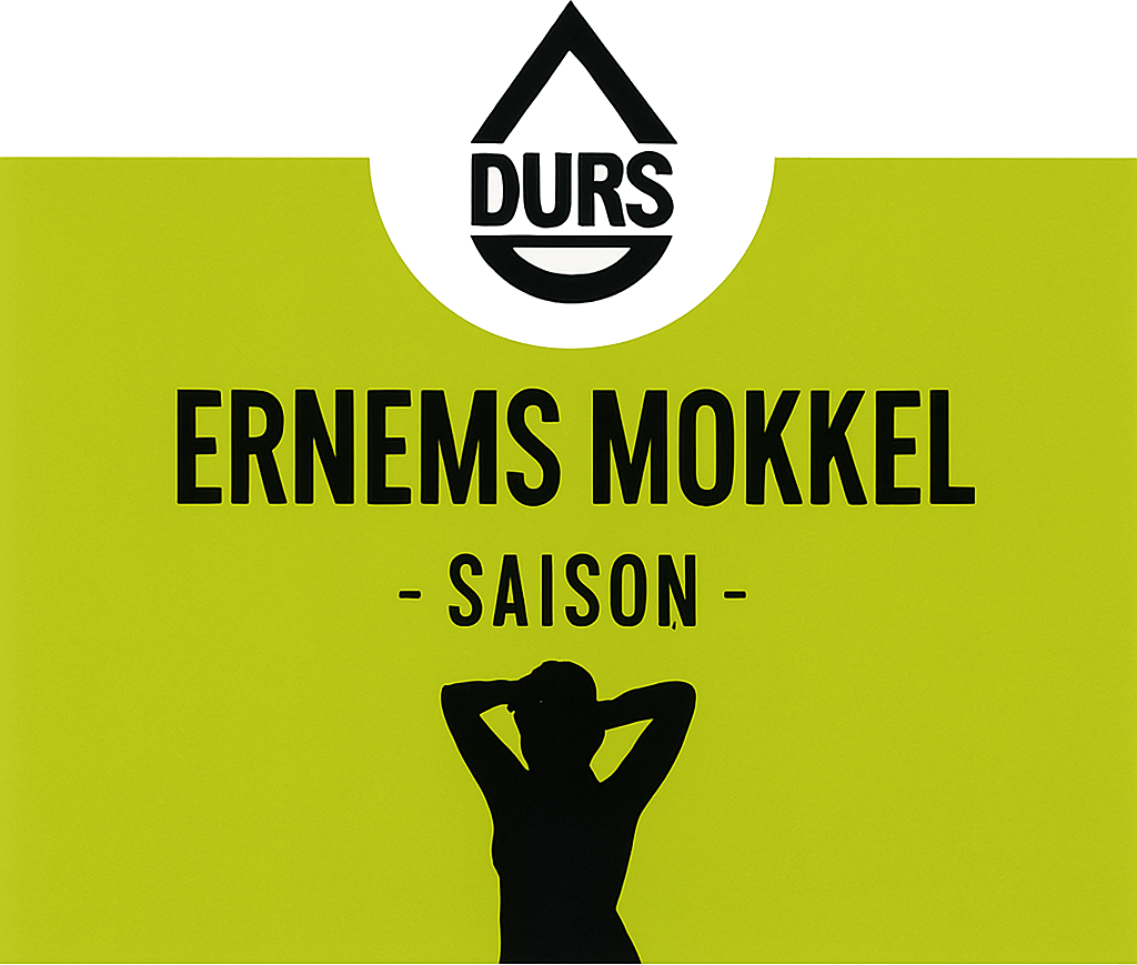 Limoengroene bierlabel met Durs-logo, tekst Ernems Mokkel Saison en zwarte silhouetfiguur.