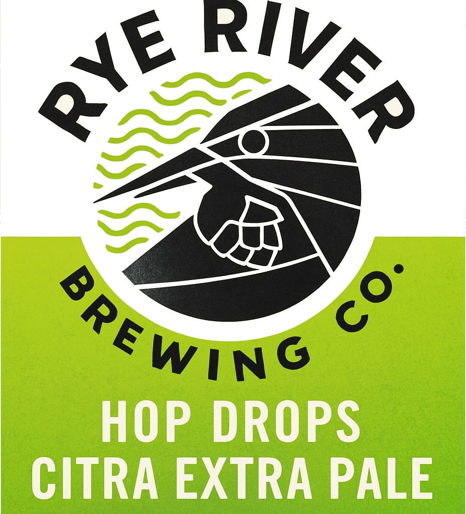 Etiket van Rye River Hop Drops Citra Extra Pale met zwart logo op wit en felgroene achtergrond.