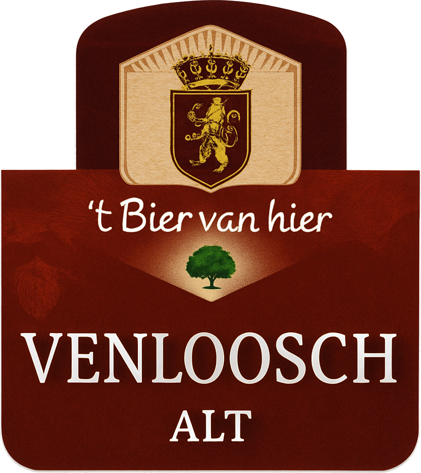 Bieretiket van Venloosch Alt met roodbruine achtergrond, wapenschild, slogan en klein boomicoon.