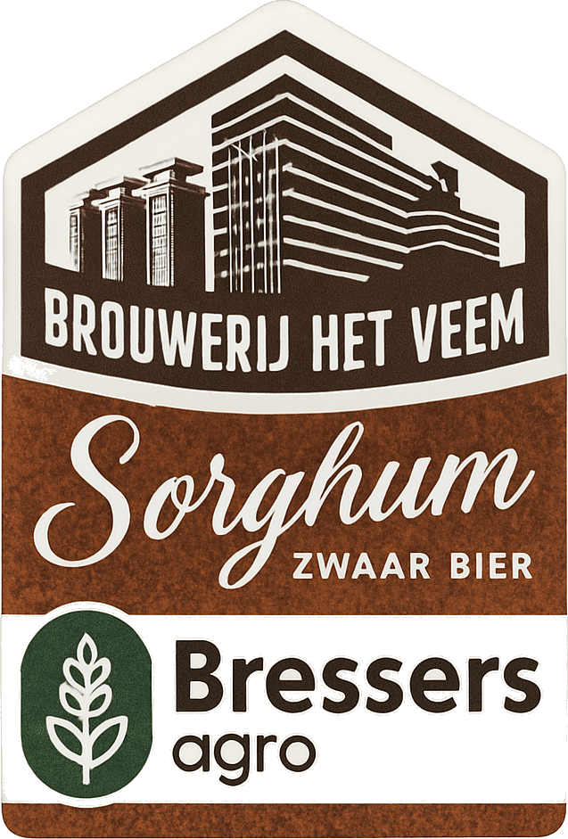 Bieretiket van Brouwerij Het Veem Sorghum zwaar bier met Bressers agro-logo.