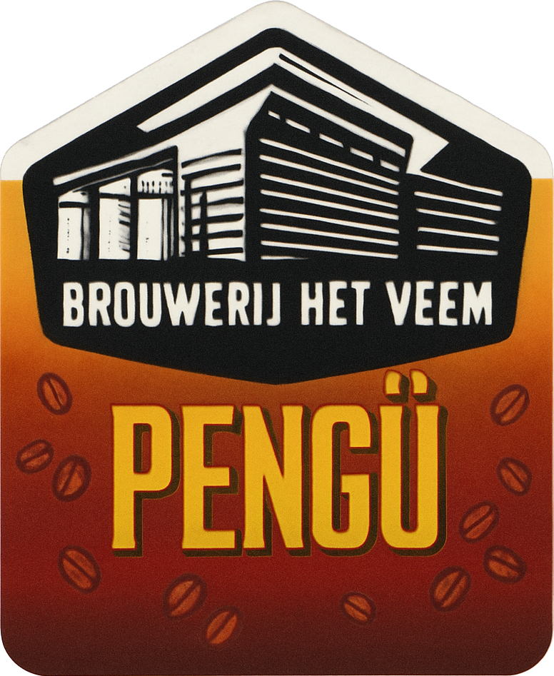 Bieretiket van Brouwerij Het Veem Pengü met zwart gebouwlogo en oranje rode achtergrond