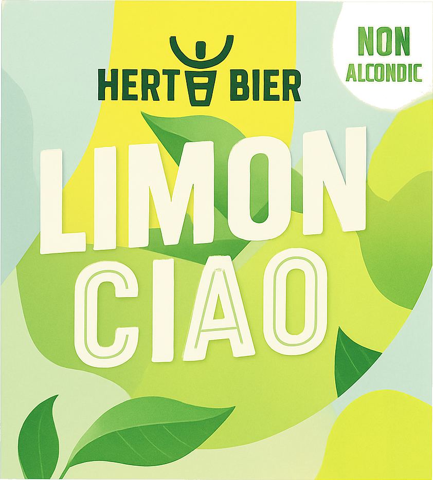 Felgroen etiket van Hert Bier Limon Ciao met citroenbladmotief en alcoholvrije aanduiding.
