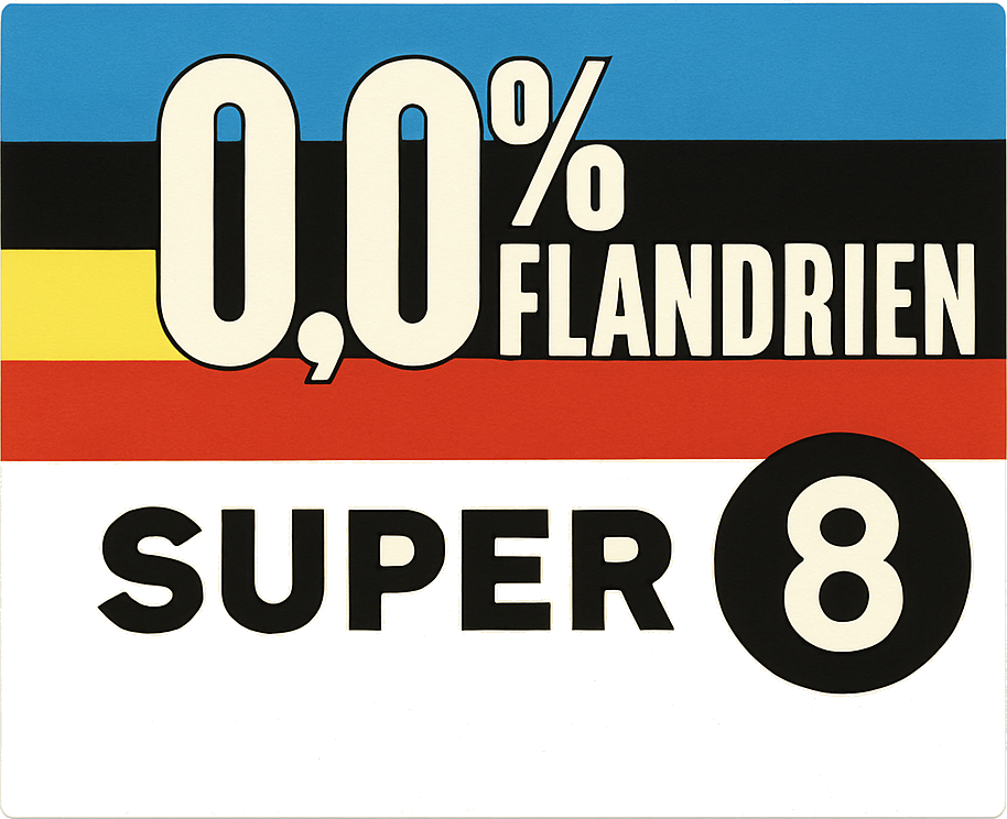 Grafisch Super 8 Flandrien 0,0%-label met Belgische kleuren en groot zwart-wit logo.