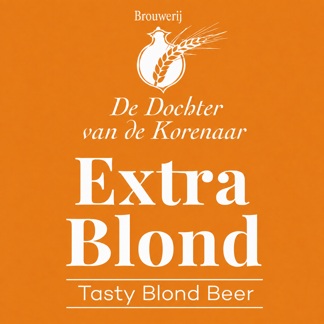 Oranje bierlabel van De Dochter van de Korenaar Extra Blond met wit logo en tekst.