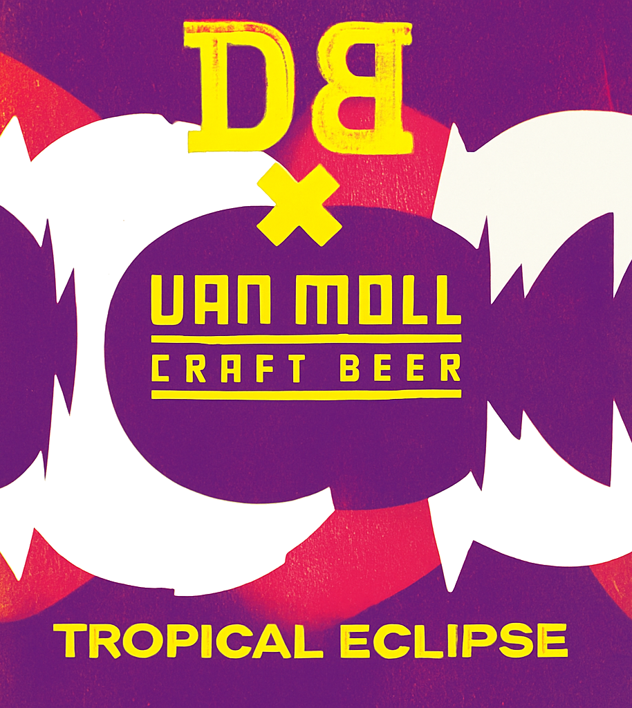 Kleurrijk bierlabel van DB x Van Moll Tropical Eclipse met gele tekst en witte tropische vormen.